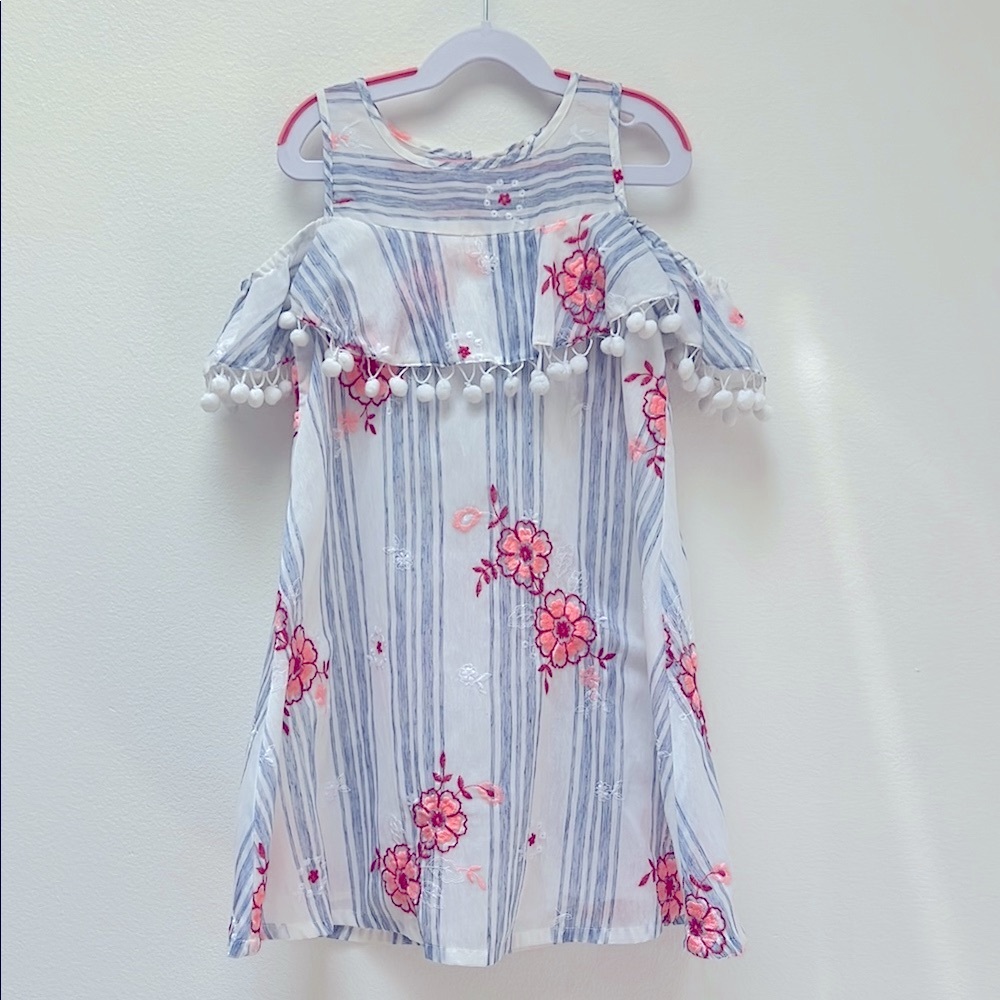 Floral Off-Shoulder Dress with Pom-Poms